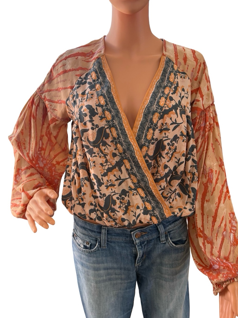 Free People Peach, Black and Orange Floral Wrap Blouse with Balloon Sleeves